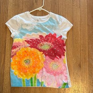 Girls White Floral Short Sleeve Tee with Bright Flower Print